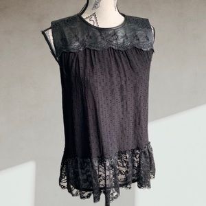 Eyelet leather & lace black tank top